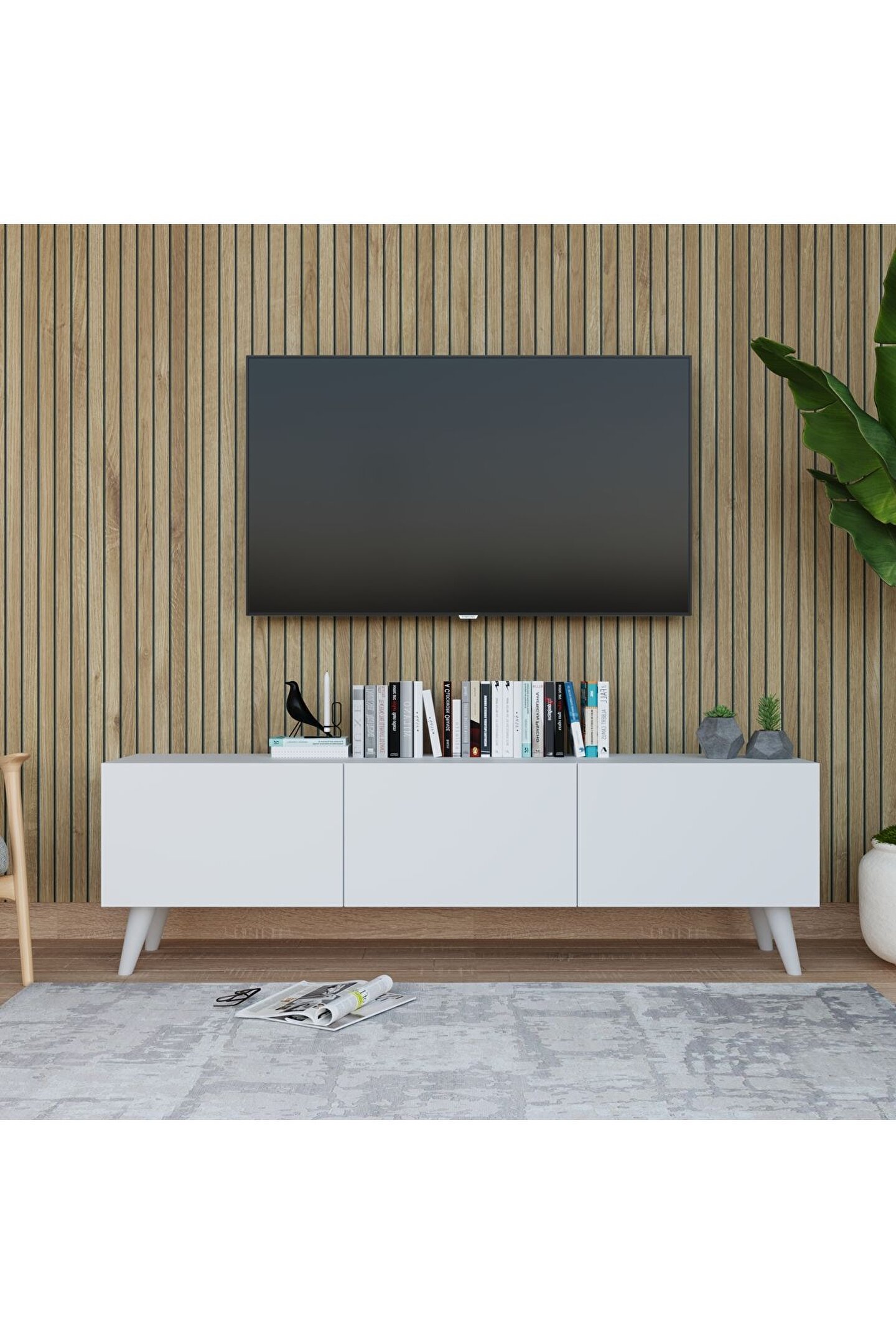 Tv Ünitesi 140 cm 3 Kapaklı Tv Sehpası Beyaz