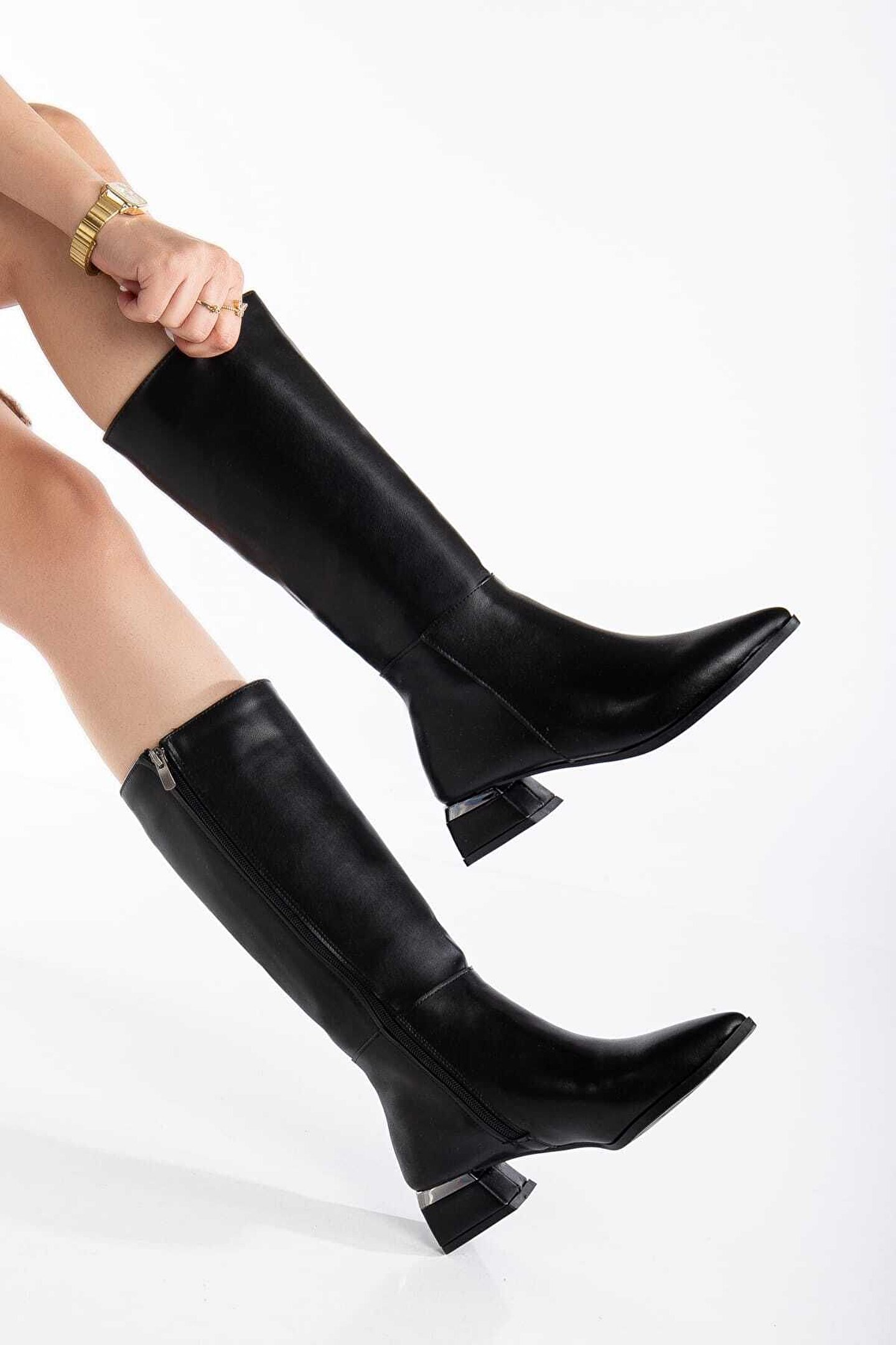 Kadın Topuklu Gümüş Detay Topuklu Çizme Ayakkabı