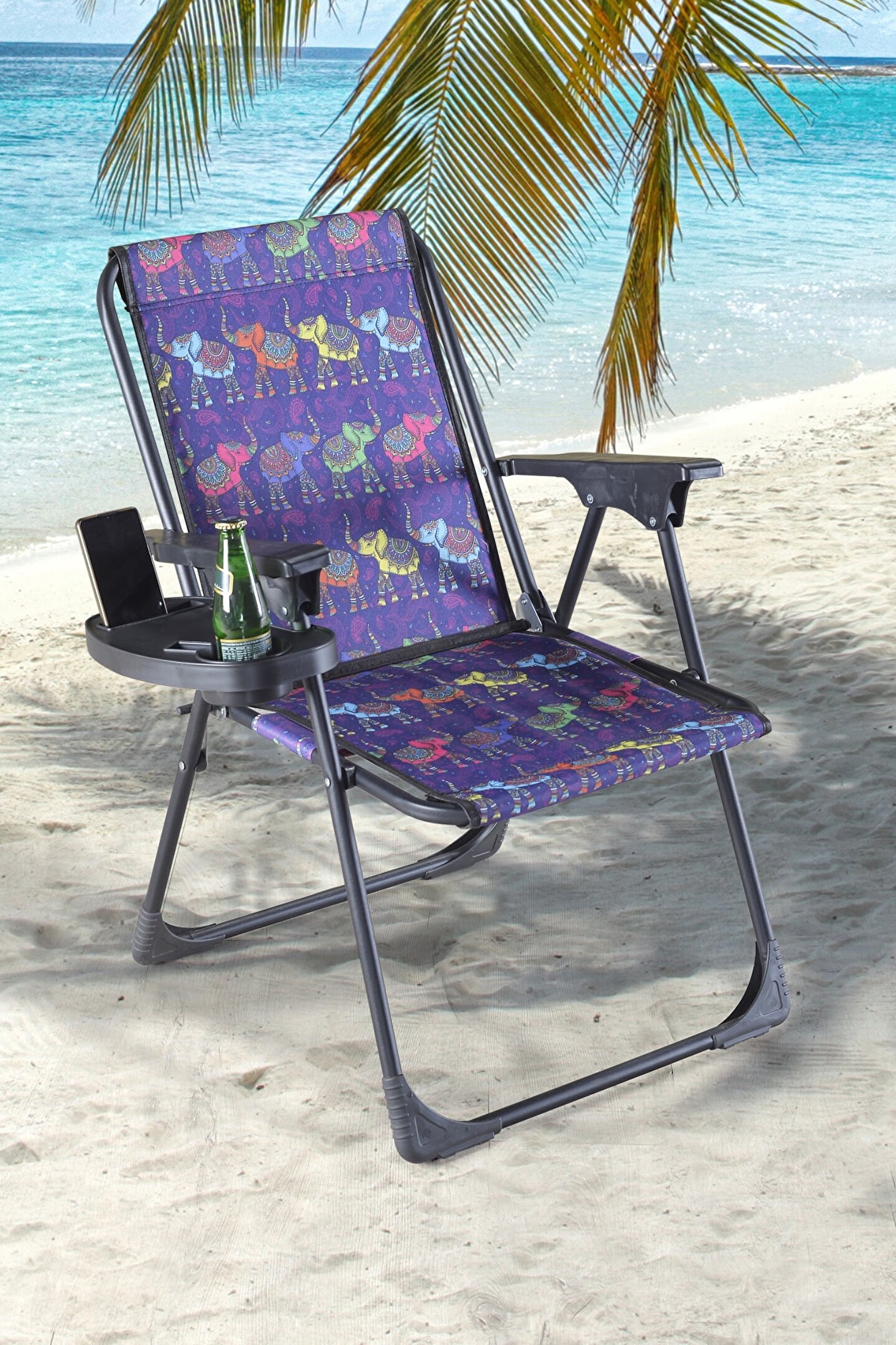 fullreyon Dijital Baskılı Bardaklıklı Kamp Deniz Piknik Sandalyesi Fil1