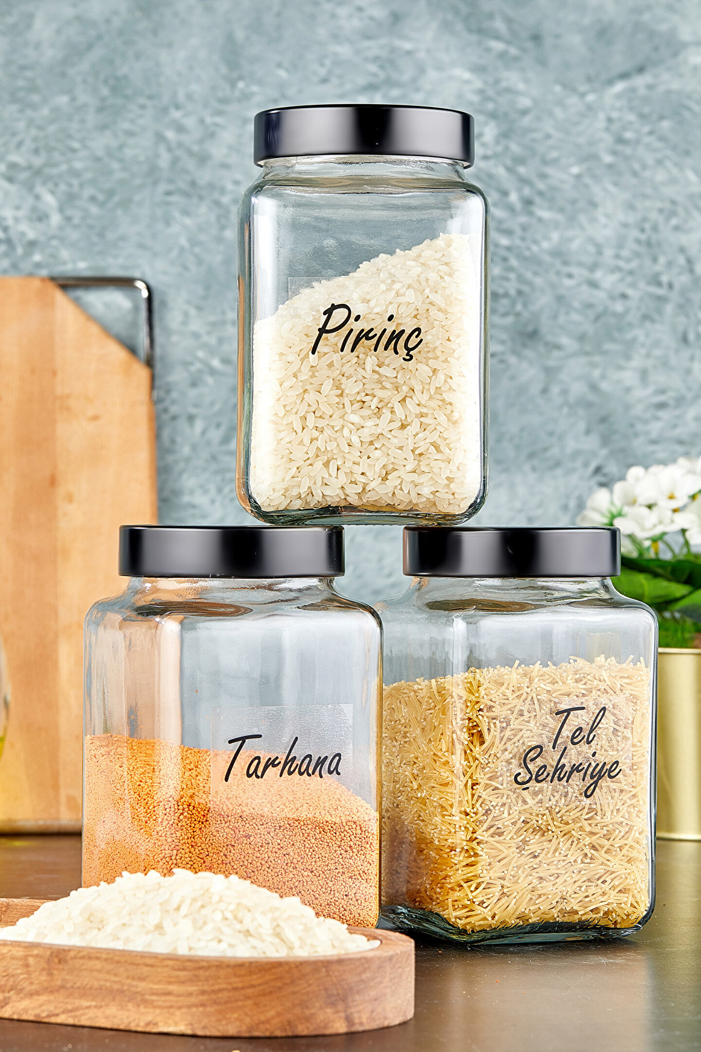 FBZhome 3lü 1000 Ml Cam Saklama Kabı Etiketli Metal Kapaklı Kavanoz Erzak Saklama Seti