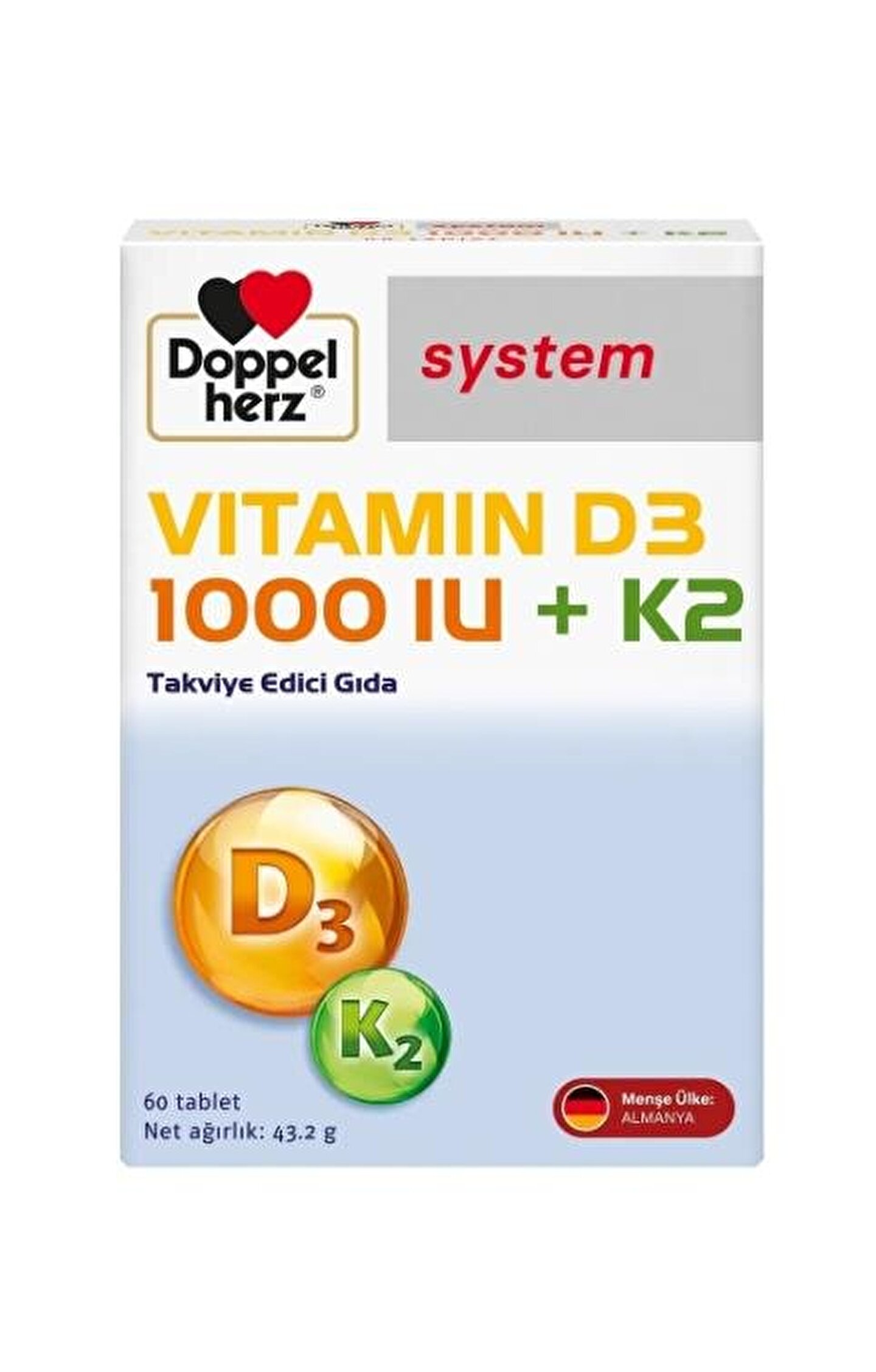 Doppelherz Vitamin D3 1000 IU + K2 60 Tablet Vartabi