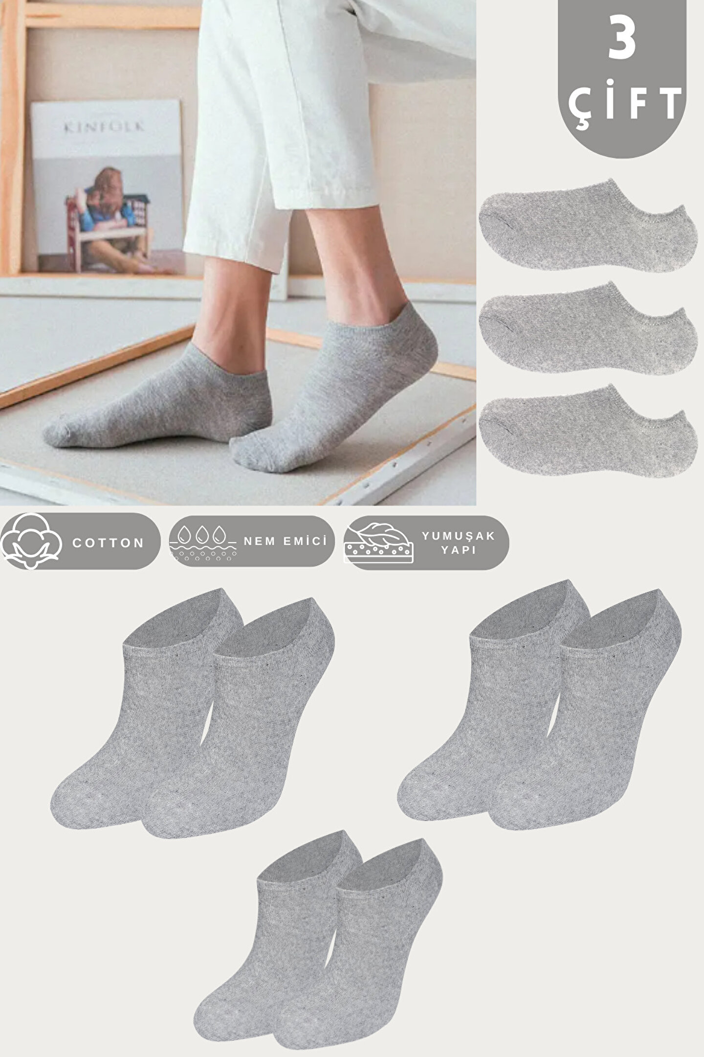 KRAL SOCKS Unisex Düz Desen (3 ÇİFT) Pamuklu Terletmez Yazlık Görünmez Çorap Seti