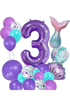 Mor Rakam Balon 3 Yaş Deniz Kızı Temalı Doğum Günü Parti Kutlama Seti Konsept 1