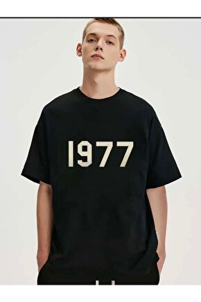 Erkek Oversize 1977 Baskılı Siyah Bisiklet Yaka Tshirt