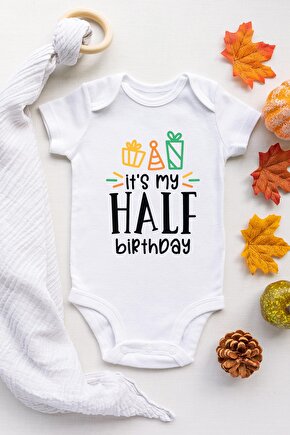 Unisex Bebek Beyaz Half Birthday Hediyeli Kısa Kol Çıtçıtlı Body Zıbın