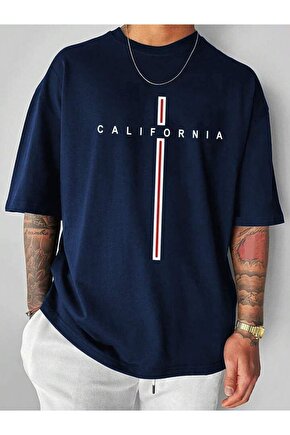 Unisex Lacivert California Baskılı Bisiklet Yaka Oversize Tişört