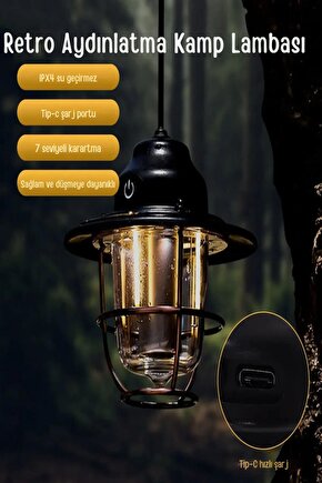 Taşınabilir Fener Vintage Kamp Lambası 4 Aydınlatma Mod Çadır Asılı Işıklar Telefon Şarj Yürüyüş