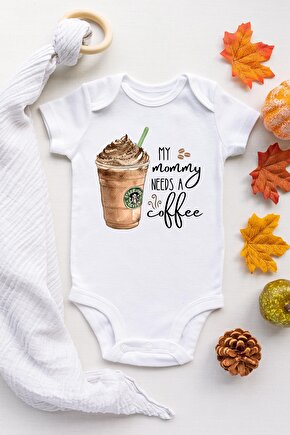 Unisex Bebek Beyaz Mommy Needs Coffee Frappe Kısa Kollu Çıtçıtlı Body Zıbın