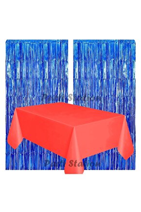 2 Adet Lacivert Renk Metalize Arka Fon Perdesi ve 1 Adet Plastik Kırmızı Renk Masa Örtüsü Set