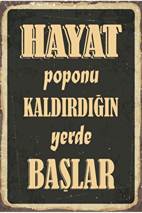 hayat poponu kaldırdığın yerde başlar motivasyon eğlenceli komik duvar yazıları retro ahşap poster