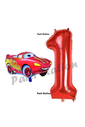 Cars Arabalar Balon Konsept 1 Yaş Balon Şimşek Mcqueen Balon ve Kırmızı Rakam Balon Doğum Günü Set