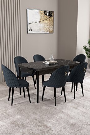 Lima Siyah Mermer Desen 70x114 Mdf Açılabilir Yemek Masası Takımı 6 Adet Sandalye