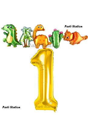 Altın Renk Rakam Balonlu Dinozor 1 Yaş Doğum Günü Parti Yapışık Balon Set Dinozor Tema Parti Set