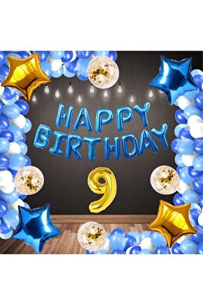 Mavi Konsept Happy Birthday 9 Yaş Doğum Günü Set Mavi Konsept Zincir Balon Set 9 Yaş Balon Seti