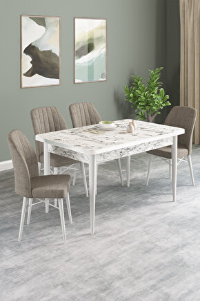 Vena Beyaz Mermer Desen 70x110 Sabit Mutfak Masası 4 Adet Sandalye