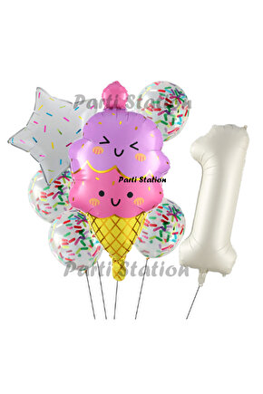 Dondurma İce Cream Konsept Doğum Günü 1 Yaş Balon Set Yaz Tema Sevimli Dondurma Folyo Balon Set