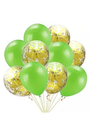 Gold Konfetili Şeffaf Ve Metalik Yeşil Balon Seti 20 Adet