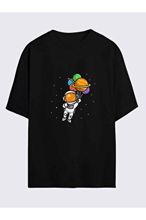Astronot Uzay Baskılı Oversize Siyah Tshirt