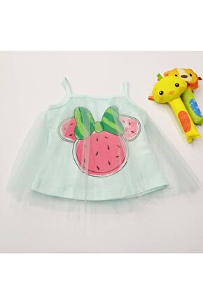 Kız Bebek Yazlık Tül Detaylı Karpuz Baskılı Elbise