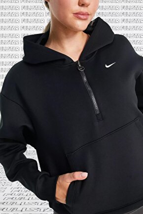 Dri Fit Graphic Glitter Hoodie 14 Zip Yarım Fermuarlı Kapüşonlu Sweatshirt Siyah