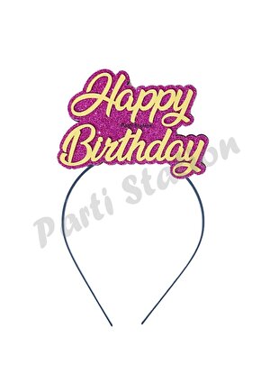 Ahşap Simli Eva Pembe Fuşya-Altın Renk Happy Birthday Yazılı Doğum Günü Tacı Kız Çocuk Doğum Günü