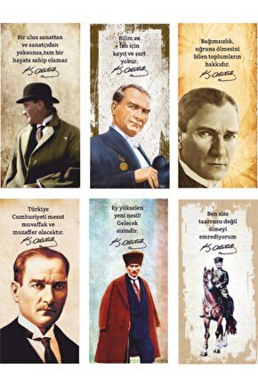Mustafa Kemal Atatürk 6lı Mini Retro Ahşap Poster Seti Uv Baskılı-1