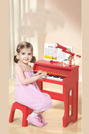 Çocuk Piyanosu 37 Tuşlu Mikrofonlu Mp3 Girişli Tabureli Elektronik Kırmızı Piano