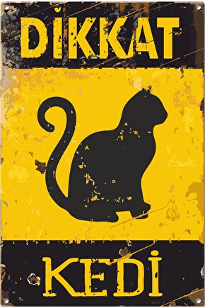 Dikkat Kedi Uyarı Levhası Retro Ahşap Poster