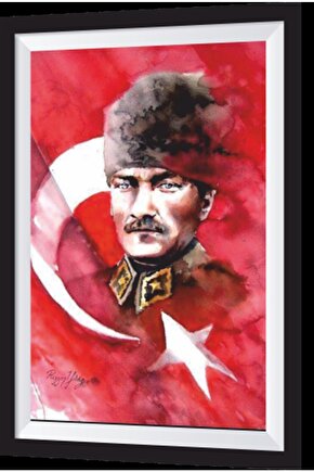 Türk Bayrağıyla Atatürk Sanatsal Çerçeve Görünümlü Ahşap Tablo