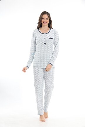 98157 Ribana Pamuklu Kadın Uzunkol Pijama Takımı Mavi