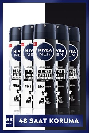 MEN Erkek Sprey Deodorant Black&White Invisible Original 150ml, 72Saat Anti-perspirant Koruma,X5Adet 