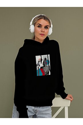 Dijital Sanat Baskılı Tasarım 2 Iplik Şardonlu Siyah Hoodie Sweatshirt