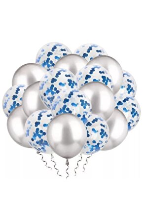 Koyu Mavi Konfetili Şeffaf Balon Ve Metalik Gri Balon Seti 20 Adet