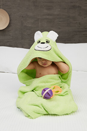 Pupy Bear Kapşonlu Bebek Banyo Havlusu Yeşil 100x100 cm