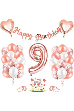 Rose Gold 9 Yaş Folyo Balon Seti Ve Happy Birthday Banner Rose Gold Doğum Günü Balon Parti Seti
