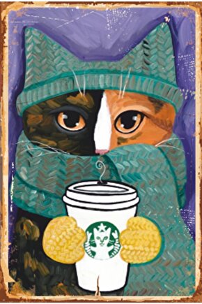Kahve Içen Kedi Yağlıboya Retro Ahşap Poster