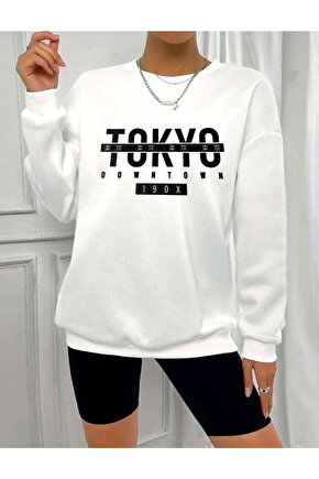 Oversize Tokyo Baskılı Beyaz Sweatshirt