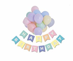 10 adet karışık macaron balon Happy bırthday hologram baskılı Happy bırthday banner yazı set