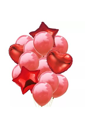 Kırmızı Balon Setti 2 Kalp 2 Yıldız 10 Kırmızı Metalik