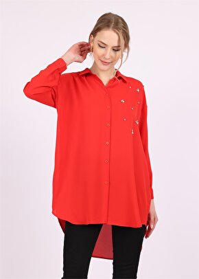 Kadın Taş Detaylı Şifon Gömlek - Kırmızı