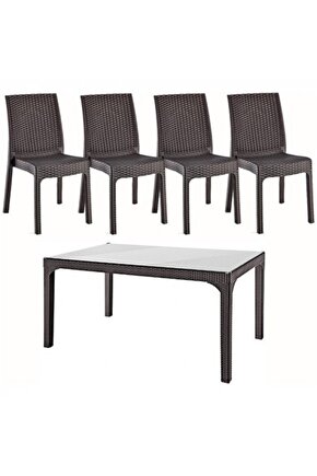 Kahverengi Camlı Masa 80x140 + 6 Adet Rattan Kahverengi Sandalye Masa Seti