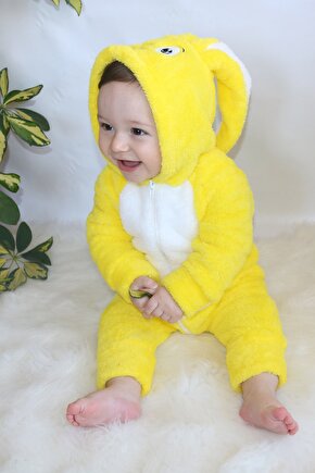 Unisex Bebek Sarı Peluş Tavşanlı Tulum