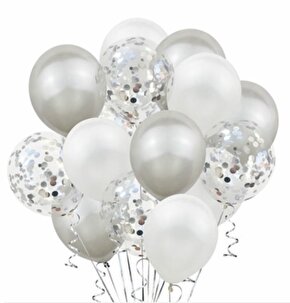 Metalik gümüş beyaz gümüş konfetili şeffaf balon 12 inç 15 adet