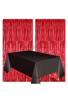 2 Adet Kırmızı Renk Metalize Arka Fon Perdesi ve 1 Adet Plastik Siyah Renk Masa Örtüsü Set