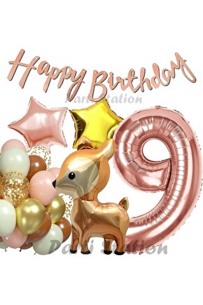 Woodland Geyik 9 Yaş Folyo Rosegold Balon Set Geyik Ceylan Doğum Günü Parti Balon Set Geyik Konsept