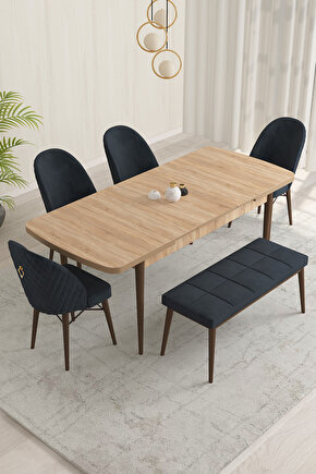 Marsilya Meşe Desen 80x132 Mdf Açılabilir Yemek Masası Takımı 4 Sandalye, 1 Bench