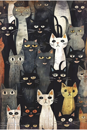 sevimli meraklı kediler yağlıboya tablo estetik dekorasyon retro ahşap poster