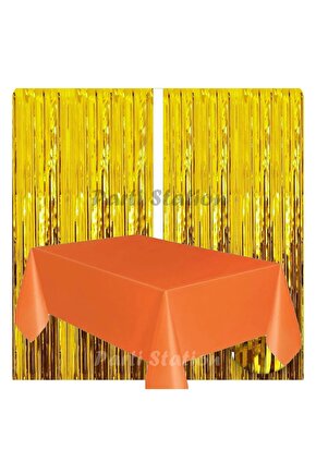 2 Adet Altın Gold Renk Metalize Arka Fon Perdesi ve 1 Adet Plastik Turuncu Renk Masa Örtüsü Set