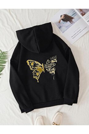 Kapşonlu Oversize Sarı Kelebek Tasarım Sweatshirt