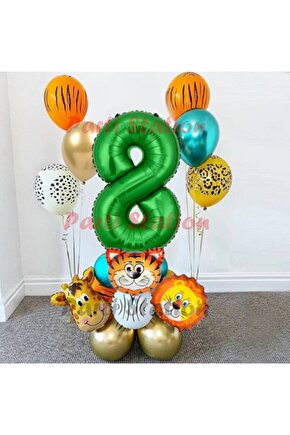 Safari Parti Balon Seti 8 Yaş Safari Jungle Konsept Doğum Günü Balon Karşılama Set Yeşil Rakam Balon